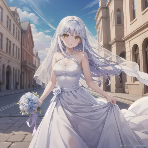 A breathtakingly beautiful 20-year-old woman stands in the courtyard of a luxurious mansion beneath a clear blue sky. She wears a white and blue wedding dress, holding a red bouquet gracefully in front of her chest. Her radiant smile and joyful expression ...