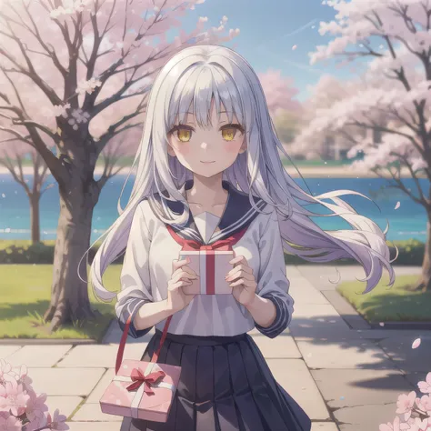 A breathtakingly beautiful 20-year-old woman stands in a lush park filled with cherry blossoms in full bloom beneath a clear blue sky. She wears a classic sailor uniform and gently holds a small, neatly wrapped gift box adorned with a red ribbon. Her radia...