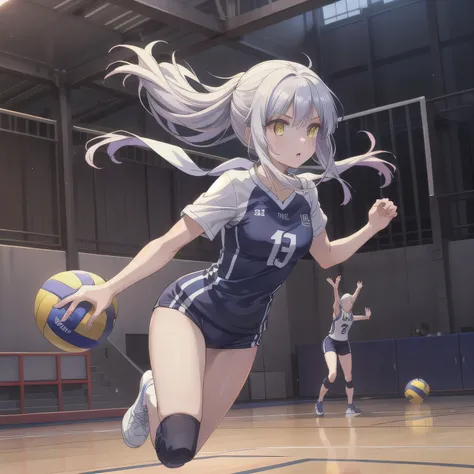 A breathtakingly beautiful 20-year-old woman soars into the air on a volleyball court inside a brightly lit gymnasium, preparing to spike the ball with precision and power. Her athletic form is accentuated by a sleek, form-fitting uniform, and her intense ...