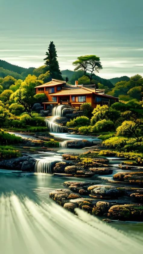 A painting depicting a breathtaking, descending down into the highlands., with a quaint house, towering on top of a steep cliff, strongly inspiring vertical wallpaper. This 4k and 8k masterpiece showcases the intricate details of the picturesque background...