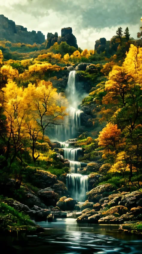 A painting depicting a breathtaking, descending down into the highlands., with a quaint house, towering on top of a steep cliff, strongly inspiring vertical wallpaper. This 4k and 8k masterpiece showcases the intricate details of the picturesque background...