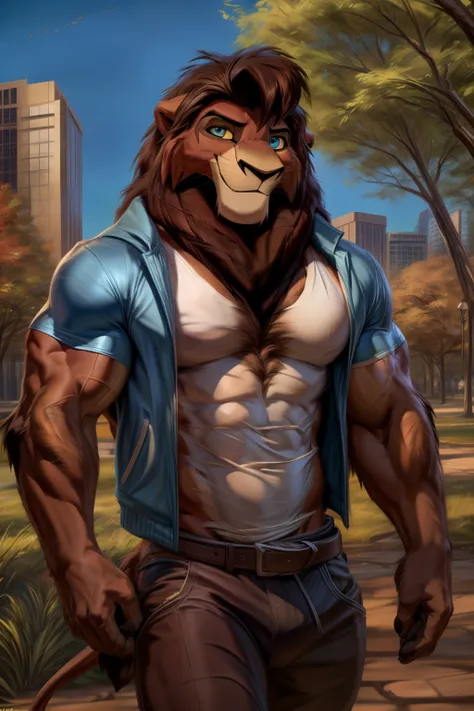 ((By Chunie)), ((By Zaush)) ((By Darkgem)), ((By Anhes)), Handsome, cute, sexy, hot male anthro furry ((Lion)), ((Kovu from The Lion King)), male, canine, male Lion at a park, muscles, medium build, park, public park, wearing clothes, clothing, Lion tail, ...