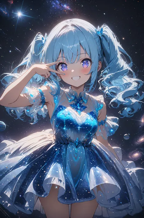 1 girl,(light blue hair),twin tail,anime girl,cute girl,
v over eye,
bioluminescent dress,standing,happy,smile,
((space background)),sparkle,brilliant view,
masterpiece,high quality,8K,