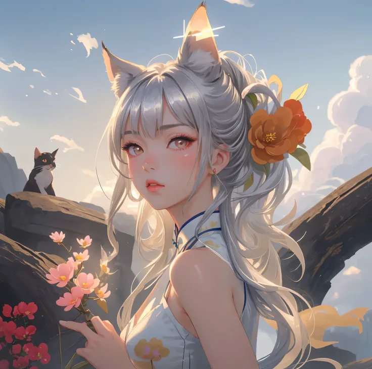 1girl , cat tail, Sky, silver hair, High Ponytail, animal ears, masterpiece, separated lips, looking at the audience, Low-cut high-cut cheongsam, flower print , Outdoor, Portrait Painting , clasp hands, Adjustable Hairstyle, cloud, volumetric light,...