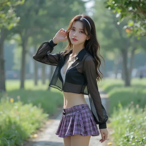 18 years old cute brunette korean girl with wavy long hairstyles with a headband is posing in a very sexy mini skirt plaid as we can see white underwear underneath her miniskirt, miniskirt is violet colour. Her top shirt is black long sleeve very tight mad...