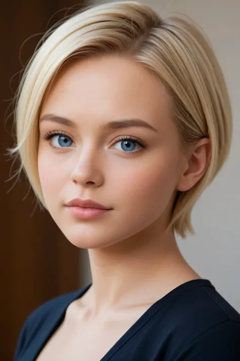 Head view of a beautiful short-haired blonde woman, Which tilts her head, Focus Ohr, macro ohr, high detail