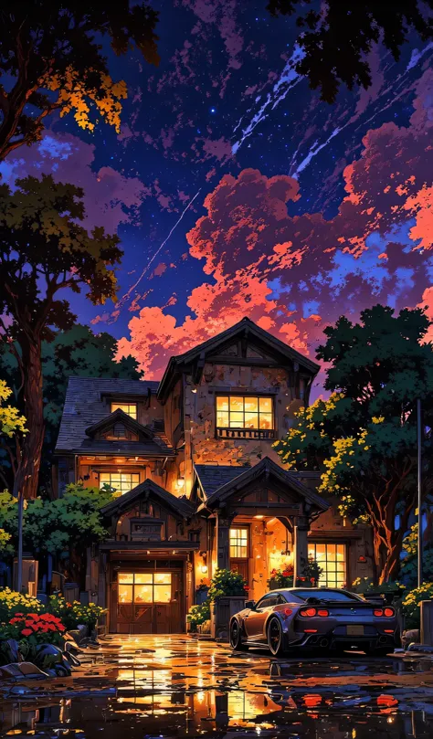 A midnight-black hypercar, infused with golden accents, sits under the glow of an opulent mansion’s entrance. The sleek, sculpted aerodynamics reflect the neon hues from the city skyline behind, blending deep purples and fiery oranges. Its diamond-cut LED ...