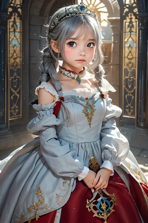 Little young girl,Gray Hair,cute,cries,Fantasy, gorgeous dress ,tiara,odd-eye,red carpet,Castle,bouquet,Princess,young girl,blush, twin tails, stage,Ball,