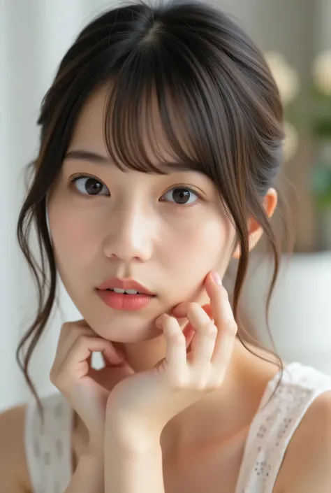 1 girl, alone, is anatomically correct , masterpiece, textured skin, open legs 、 Crouch、 low angle、 Bending Knees with Big Breasts、 very stylish、 Very Beautiful Japanese Woman Grabbing Her Right Hand 、 very cute Japanese woman、 nothing, accurate, ha...