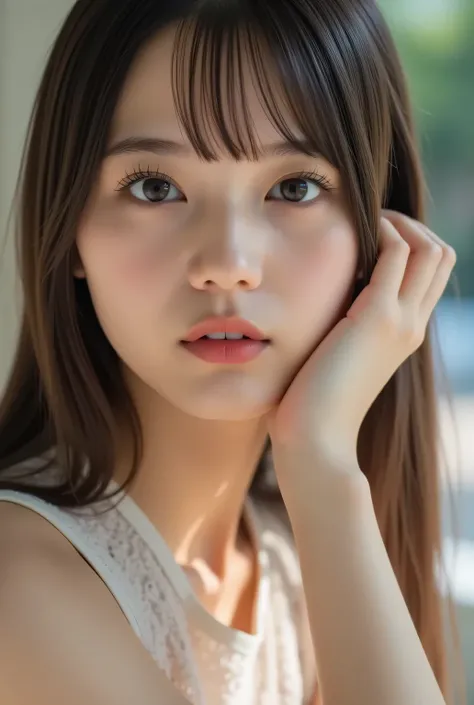 1 girl, alone, is anatomically correct , masterpiece, textured skin, open legs 、 Crouch、 low angle、 Bending Knees with Big Breasts、 very stylish、 Very Beautiful Japanese Woman Grabbing Her Right Hand 、 very cute Japanese woman、 nothing, accurate, ha...
