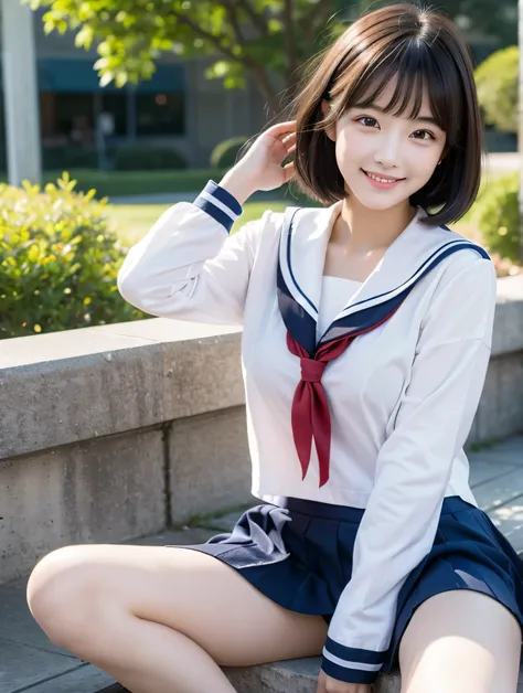 A typical normal high school girl、sailor suit、smile、short hair、black hair、Precise depiction、
