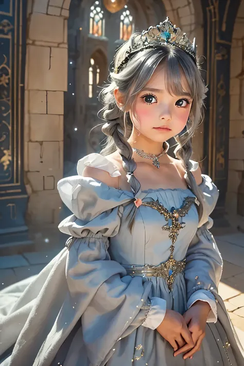 Little young girl,Gray Hair,cute,cries,Fantasy, gorgeous dress ,tiara,odd-eye,red carpet,Castle,bouquet,Princess,young girl,blush, twin tails, stage,Ball,turns around