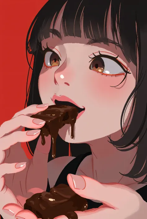 chocolate spilling out of her palm、girl licks chocolate spilling between her fingers with her tongue、The girl's face is covered in chocolate、The eyes are only half closed、best quality、greatest masterpiece、anime、art by torikun、D4rkCyb3rDyn34n1m3 style、 soli...