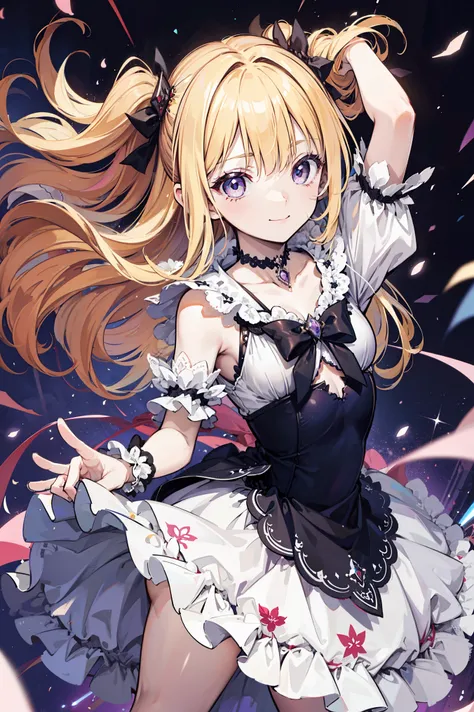 Cute magical girl , ( Double Bomb , Brant Bang, Straight Blonde ), Smile, compensate, purple eyes, Small , Curvy ,dynamic perspective,mischievous posture, A dress blown by the wind,white gothic bear top dress , choker, hands raised above h...