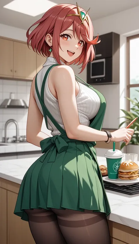 score_9, score_8_up, score_7_up, source_anime、top quality、8k、 masterpiece、ultra high definition、 natural light、perfect anatomy、 perfect eyes、beautiful eyes、one woman、medium breasts、saggy breasts:1.4、Pyra , (green apron、sleeveless rib knit sweater、 tight mi...