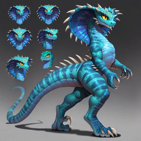 masterpiece, best quality, anime shading, full body picture, centered, three quarter view, ((single view)), ((alone)), anthro, dinosaur, cobra, ((vertigo)), yellow eyes, claws, horns, blue and green skin, score_9_up, score_8_up, score_7_up, score_6_up, sc...