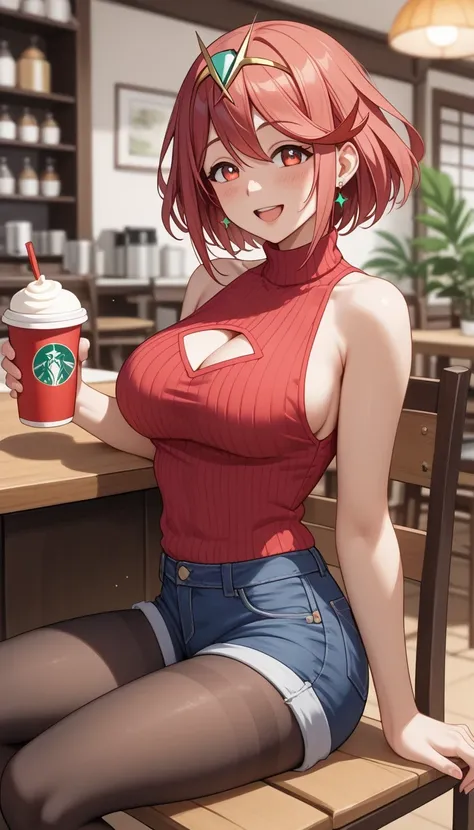score_9, score_8_up, score_7_up, source_anime、top quality、8k、 masterpiece、ultra high definition、 natural light、perfect anatomy、 perfect eyes、beautiful eyes、one woman、medium breasts、saggy breasts:1.4、Pyra , (sleeveless rib knit sweater、chest cutout、denim sh...