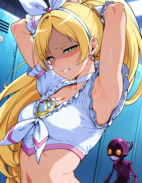 anime coloring, cure rhythm,green eyes, wide ponytail, sleevelesss, brooch, heart earrings, ribbon, arm warmers, cleavage, navel, 


,BREAK, armpit, arm over head, left arm over head. focus on armpit,
grossed out、yuck、 gross, shaded face, ,blush,  (narrowe...