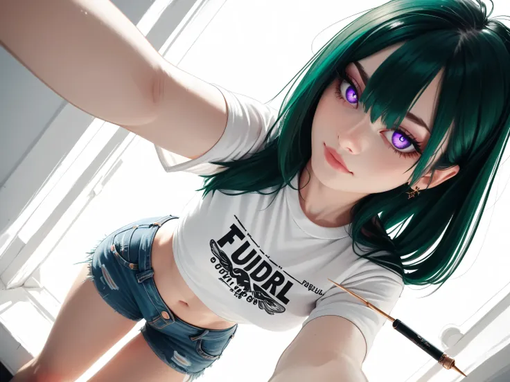 high image quality、high quality DVD、null、high school student、 green hair、Purple Eyes、 beautiful eyes、 small 、jeans shorts、belly button stick、shirt、selfie