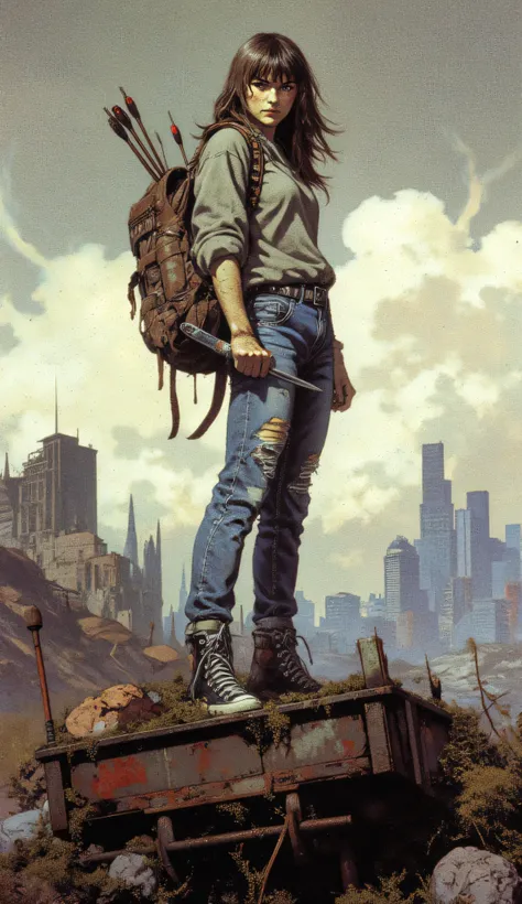 Realistic post-apocalyptic illustration, in 4K quality, using a vintage analog photography style, with a high level of detail and drama. A weathered young Caucasian woman with disheveled brown hair stands with an imposing presence. Her expression is fierce...