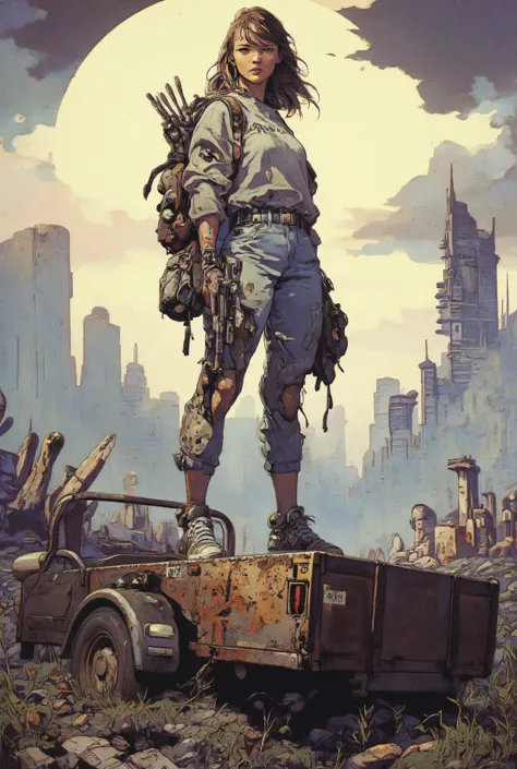 Realistic post-apocalyptic illustration, in 4K quality, using a vintage analog photography style, with a high level of detail and drama. A weathered young Caucasian woman with disheveled brown hair stands with an imposing presence. Her expression is fierce...
