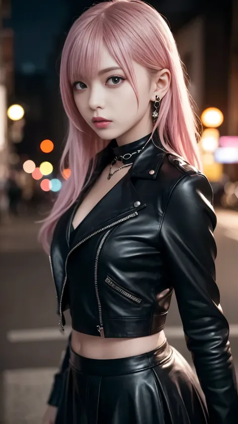 masterpiece、masterpiece、最高masterpiece、best quality、ultra high resolution、super high image quality,aesthetic、16k、Unconventional、 (photorealistic:1.4)、 looks up, upper body、( Light Pink Hair 、night)、realism、realistic、photorealistic)、black、earrings、amount、Got...