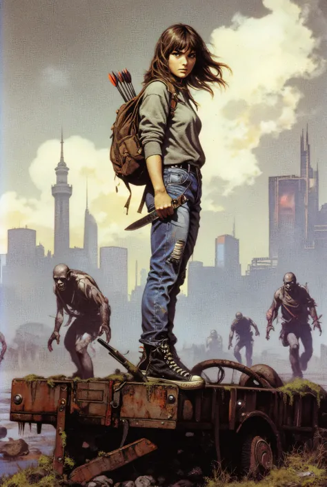 Realistic post-apocalyptic illustration, in 4K quality, using a vintage analog photography style, with a high level of detail and drama. A young Caucasian woman, sun-tanned and with tousled brown hair, stands imposingly. Her expression is fierce and determ...