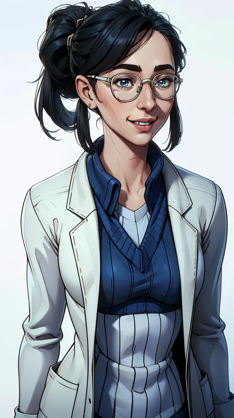 Margaret Qualley, short stature, medium breasts, 4k, highly details, marqual, black ponytail, wearing glasses, ((( portrait))), solid white background, ((wearing a white scientist lab coat over a blue sweater)), (solid white background), smile