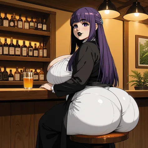 Fern,  big ass, big breast, horny face, black lips, fat lips, sit on chair in bar, fully dressed