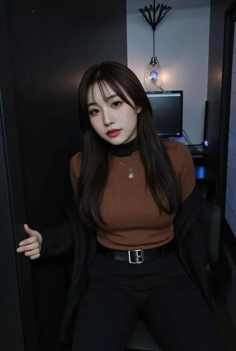 ((Perfect ergonomics :1.8))(( took an Instagram selfie in a POV with an amateur :1.5))(bulging underwear without a necklace )( No smartphone )(Camera selfie ). without makeup . She has long straight black hair and bangs, Her pale skin contrasts.she has a...