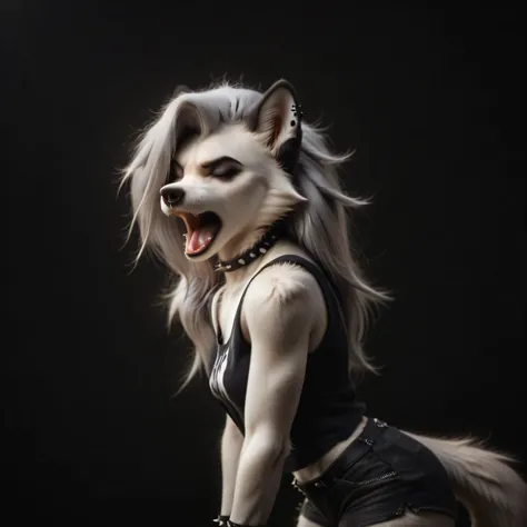 score_9,score_8_up,score_7_up, score_6_up, score_5_up, Loona, furry female, closed eyes, furrowed eyebrows, open mouth, wearing black tank top, heavy metal band shirt, heavy metal band design on her shirt, black Jean short shorts, black studded bracelets, ...