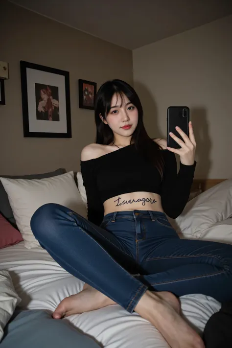 (( took an Instagram selfie in a POV with an amateur :1.5))(Camera selfie ), write “tsunagoro” on her stomach with a black marker.  In a dimly lit student room ，A woman wearing a black off-the-shoulder sweater and flat shoes with blue jeans，Surrounded by c...
