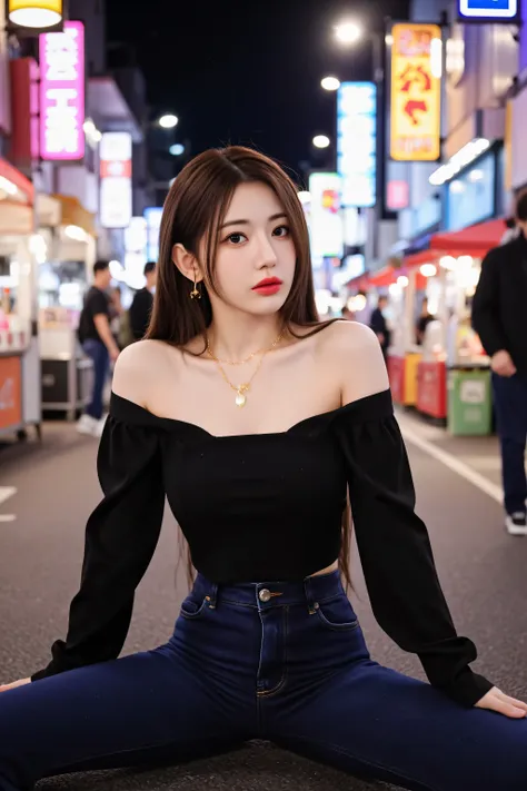 A stylish young Korean woman surrounded by colorful lights at night in Hongdae，strolling through vibrant neon streets, and the bustling city atmosphere. She is fashionable, straight dark brown hair, has dew-dropping glass skin, Bold red lips. Wore an elega...