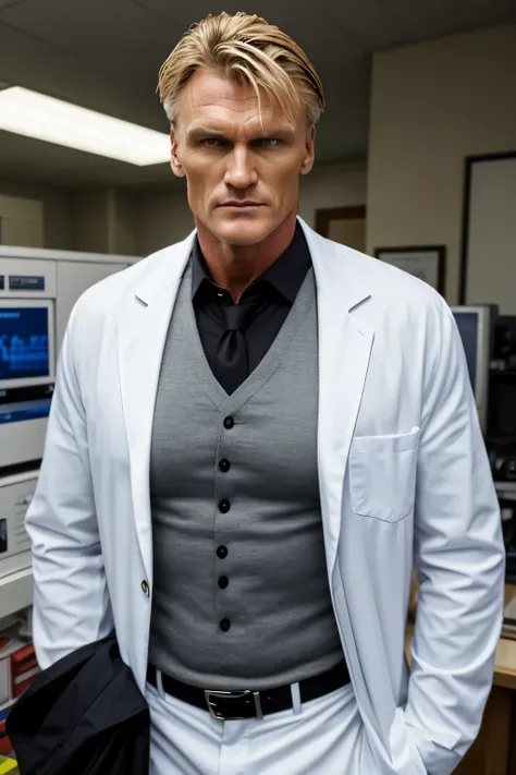dolph lundgren, 55 years old, dressed as a scientist