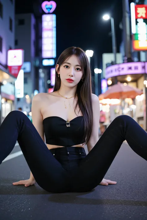 A stylish young Korean woman surrounded by colorful lights at night in Hongdae，strolling through vibrant neon streets, and the bustling city atmosphere. She is fashionable, straight dark brown hair, has dew-dropping glass skin, Bold red lips. Wore an elega...