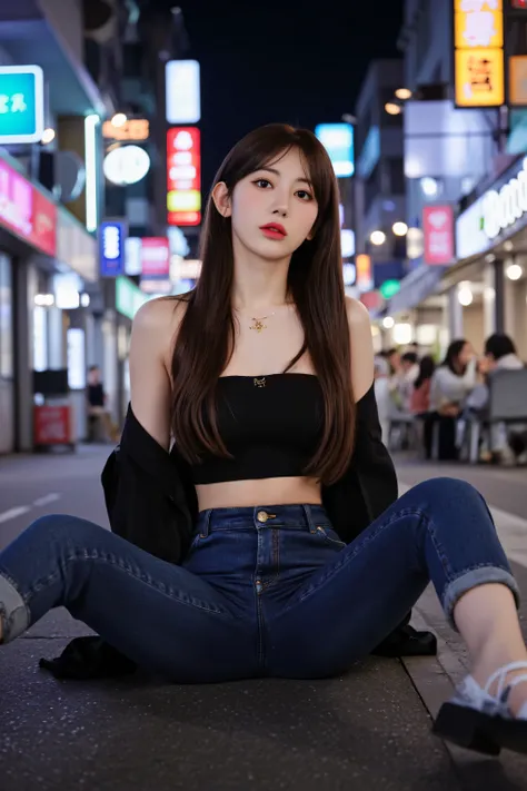 A stylish young Korean woman surrounded by colorful lights at night in Hongdae，strolling through vibrant neon streets, and the bustling city atmosphere. She is fashionable, straight dark brown hair, has dew-dropping glass skin, Bold red lips. Wore an elega...