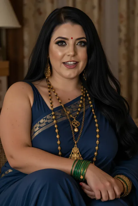 A naughty, voluptuous and curvaceous light neutral skin tone woman in completely sweaty hairs, in a traditional attire, wearing a deep blue messed up elegant saree, no blouse piece and intricate jewelry glass green bangles and a red small bindi between her...