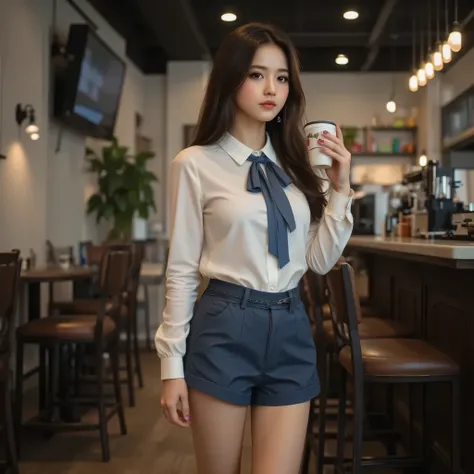 Korean very Skinny 18 years old girl with big long hair tail hairstyle brunette with cute beautiful face is posing in the caffe near the bar with a coffee, she dressed in a very short by intelligent shorts, white blouse that tides her middle size round bre...