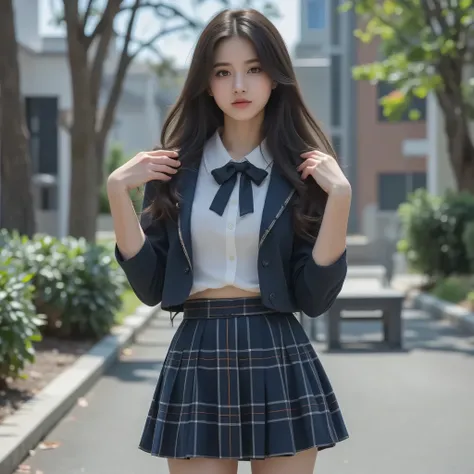 18 years old korean cute very pretty face girl with brunnette very long hair is dressed in a dark blue plaid mini skirt very short as we can see her white underwear panties, she is posing in a very sexy pose, we can see her legs in black nylon knee socks, ...
