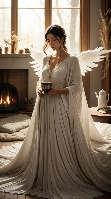 aasimar, European appearance, 1woman, relaxing at home, soft elegant robe, celestial embroidery, golden eyes shine, cozy living space, faint ethereal halo hovers above head, feathered wings, resting comfortably, enjoy a peaceful moment, cozy warmly lit roo...