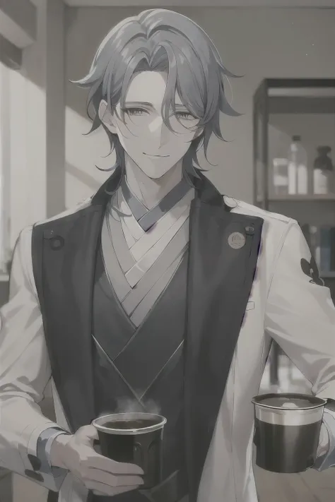 (((Masterpiece))),better quality,1 man, Tall, beautiful, sophisticated , Camisato Ayato, One, фон «coffeeйня», there isиста, coffee, blue apron, чашка coffee, shirt, there is