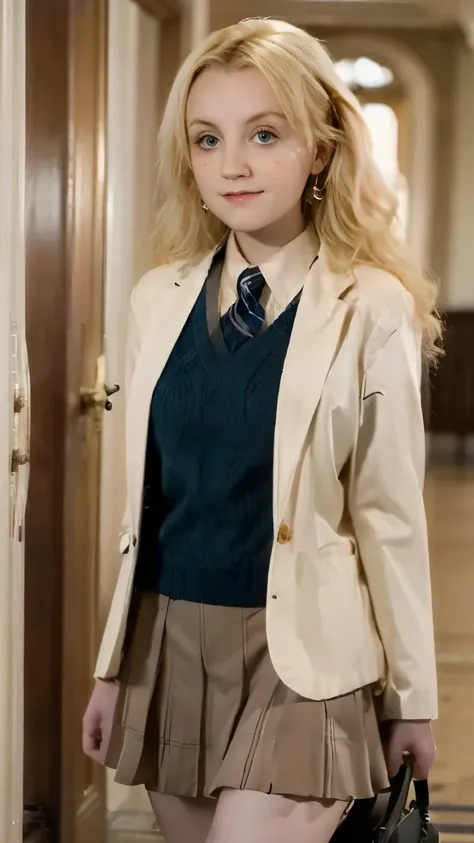 Photograph of (Evanna Lynch), best quality, 8k, very delicate and beautiful, highly detailed face and skin texture, shiny skin, high resolution, beautiful blond long hair, busty young woman, wearing an elaborate prep school uniform comprising of blue ruffl...