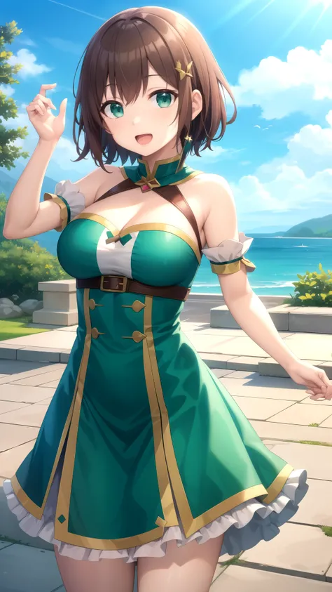 Masterpieces, Best Quality, girl, looking at viewer, kazuma satou, short hair, brown hair, green eyes, large breasts, princess connect Re:Dive cosplay, princess Dress, standing, smile, open mouth, outdoors 