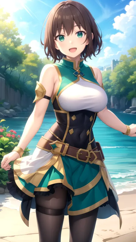 Masterpieces, Best Quality, girl, looking at viewer, kazuma satou, short hair, brown hair, green eyes, large breasts, princess connect Re:Dive cosplay, princess Dress, standing, smile, open mouth, outdoors 
