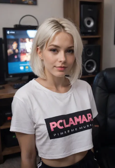 anime girl t-shirt, short white hair, purple eyes, sweatshirt, pc, streamer, vtuber, street style