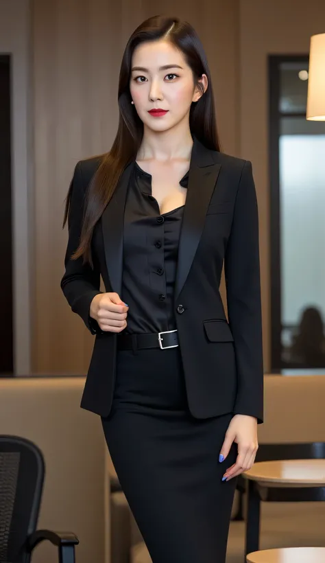 a woman, standing in the office, shirt looks full body, body facing front, wearing a black open formal blazer with a black casual shirt, wearing a long skirt up to the toe skinny model in black, wearing white higheels, big , thick red lips, seductive face...