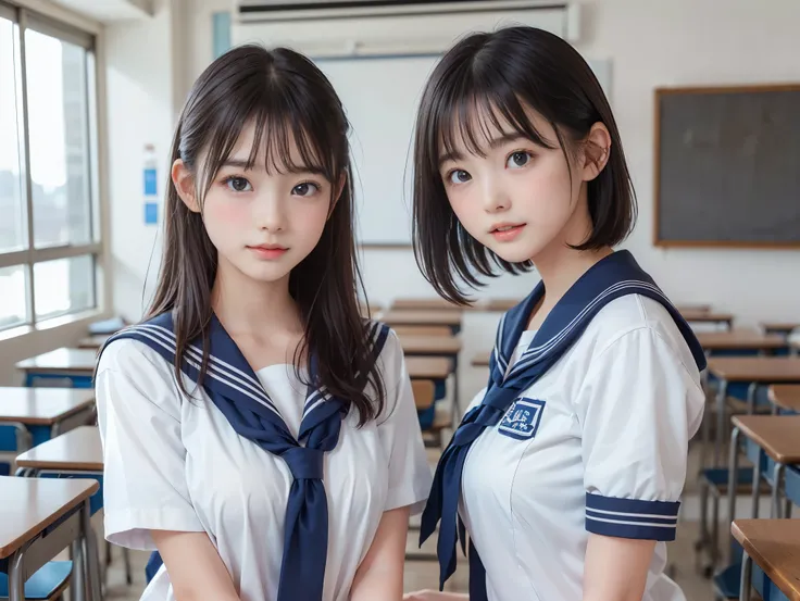 ((two girls, )), ((sailor suit)), (two girls), (((The girl on the left has big breasts, The girl on the right has small breasts:1.4, The girl on the left has short hair, The girl on the right has long hair, The girl on the left has a cool expression, the g...