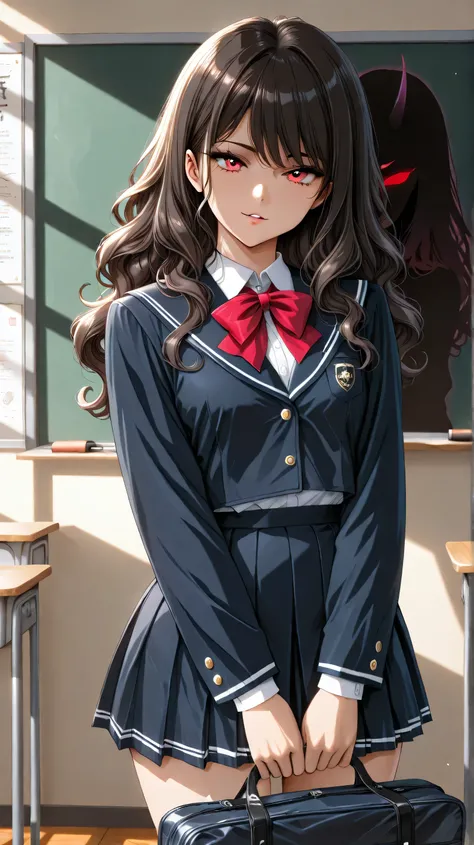 A beautiful and seductive female student, solo, (incredible high resolution, masterpiece, top quality, highly detailed, CG, high quality anime drawing), (school uniform, wavy hair, holding school bag), (classroom, introducing herself in front of the classr...