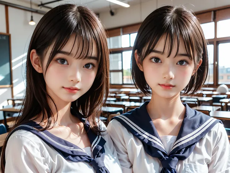 ((two girls, )), ((sailor suit)), (two girls), (((The girl on the left has big breasts, The girl on the right has small breasts:1.4, The girl on the left has short hair, The girl on the right has long hair, The girl on the left has a cool expression, the g...