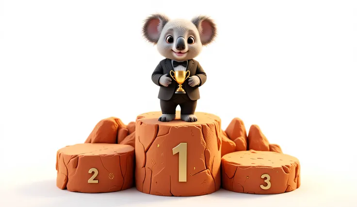 A stylized 3D leaderboard podium with an Australian theme, tilted at an angled perspective. The first-place podium resembles Uluru, textured with a smooth sandstone finish in warm desert brown and orange tones. Atop the podium stands a 2-3 heads tall koala...